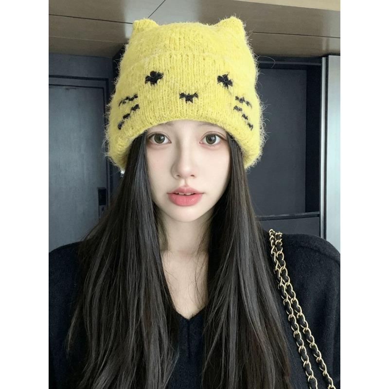 Korean cat ears cute knitted hat women's autumn and winter cold and warm ear protection wool hat sweet versatile bald hat