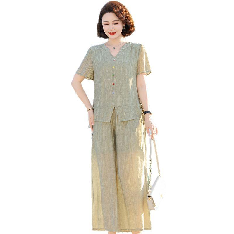 Letní bavlněno-lněný set: Dámský volný zeštíhlující dvoudílný outfit - Top a kalhoty se širokými nohavicemi pro matky středního a staršího věku