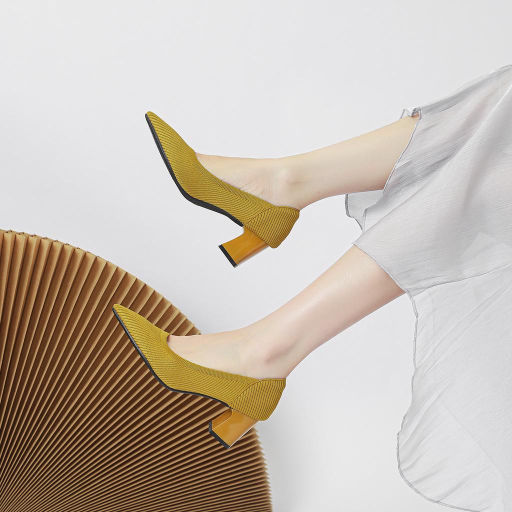 2026Women's large high-heeled shoes Multicolor pointy knit breathable comfortable anti-skid rubber sole work shoes  new autumn