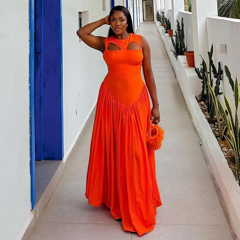 Dámské šaty Léto Nové Sladké a Roztomilé Kulatý Výstřih Dírkované Štíhlé Dlouhé Bez Rukávů Šaty