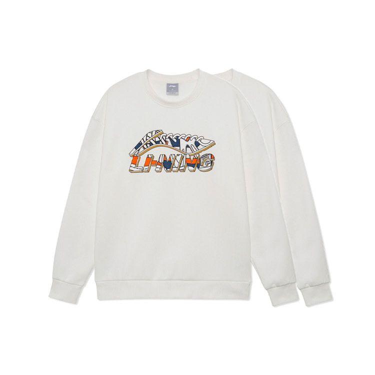 Li Ning Sports Lifestyle Series Fashionable Solid Color Logo Letter Print Fleece Loose Round Neck Sweatshirt Unisex Sweatshirt White AWDRG40-1