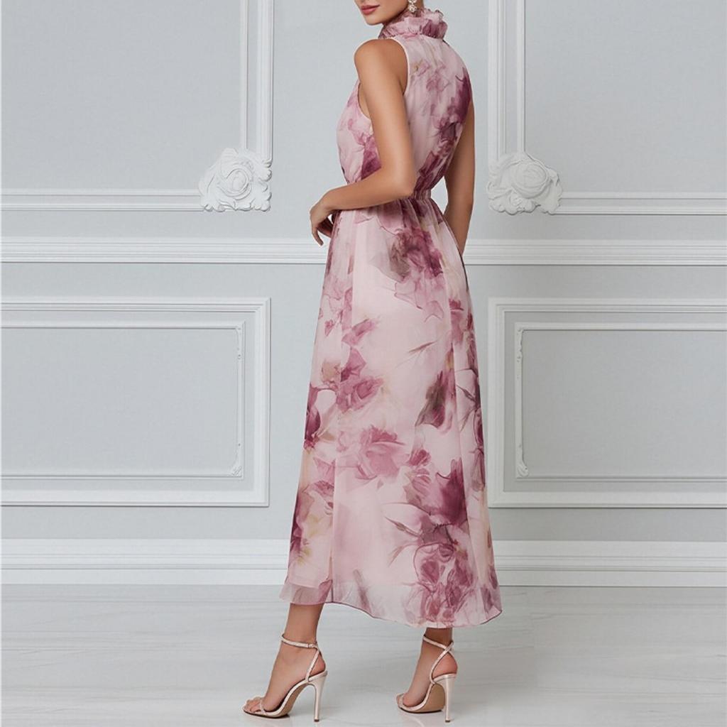 Spring New Arrival Women's Dress, Elegant Fashion Printed Ruffled Trim Sleeveless Dress for Women, European American Style Casual Party Dress