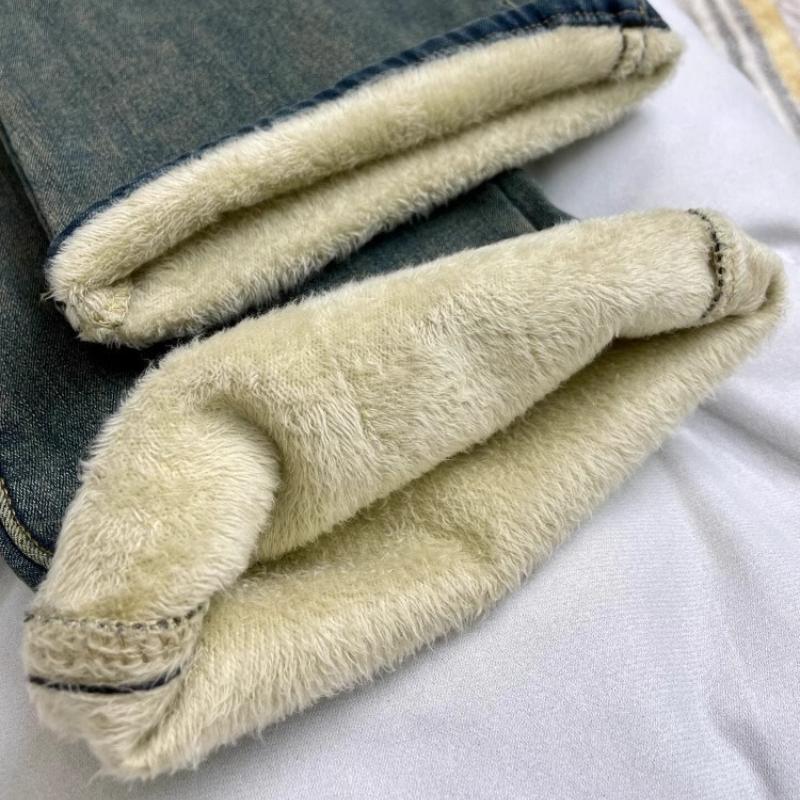 Fleece Lined Straight Leg Jeans Women Autumn Winter Plus Size High Waist Hip Wide Stretch Bootcut Horsehoof Pants