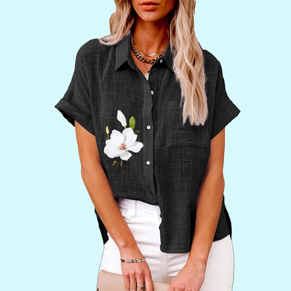 Plus Size Women Fashion Floral Print Blouse Casual Linen T-shirt Ladies Loose Buttoned Short Sleeve Shirt