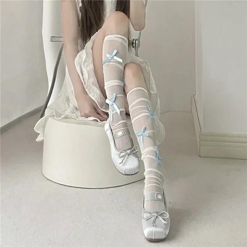 

женские Сексуальные Носки с Лентами и Бантами, Длинные Гольфы до Колена, Лолита, Белые Чулочно-носочные Изделия, Тонкие Носки-сетка, Кружевное Белье One Size