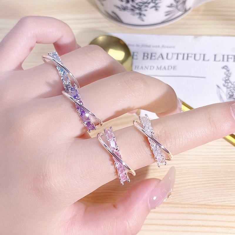 Cross Colored Treasure Personalized Row Diamond Colored Zircon Galaxy Track Ring Sweet Cool Niche Light Luxury High Sense Ring Woman