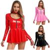 Women Latex Dress Deep V Neck Mesh Long Sleeves Mini Dress Shiny Faux Leather Dress Halloween Costume Rave Party Punk Club Wear