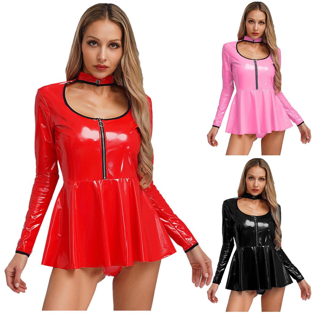 Women Latex Dress Deep V Neck Mesh Long Sleeves Mini Dress Shiny Faux Leather Dress Halloween Costume Rave Party Punk Club Wear