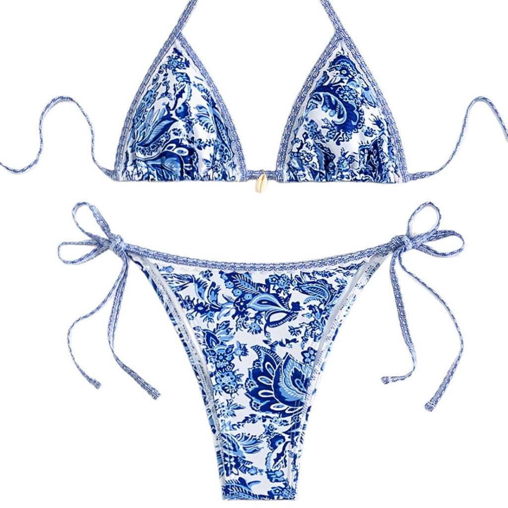 European And American Printed Fabrics Split Bikini Set Lace-Up Swimsuit Women'S Direct Sales