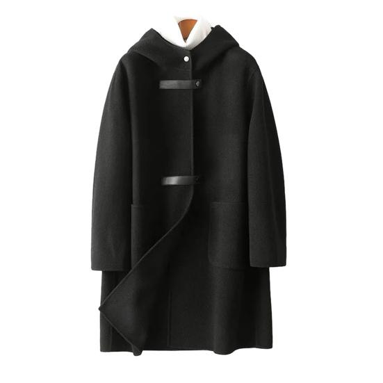 

Женское длинное шерстяное пальто с капюшоном, однобортное, повседневное, тренч из смесовой шерсти с карманами, осенне-зимняя верхняя одежда XL чёрный