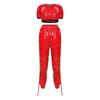 Completo Crop Top Lucido Impermeabile e Pantaloni Capri da Donna Manica Corta Vita Elastica Coulisse sui Lati delle Gambe per Allenamento Festa