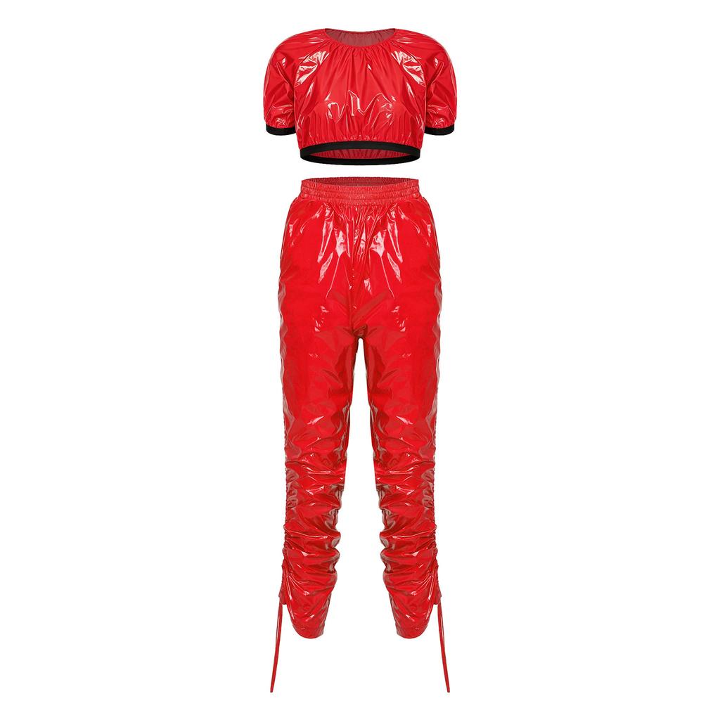 Completo Crop Top Lucido Impermeabile e Pantaloni Capri da Donna Manica Corta Vita Elastica Coulisse sui Lati delle Gambe per Allenamento Festa