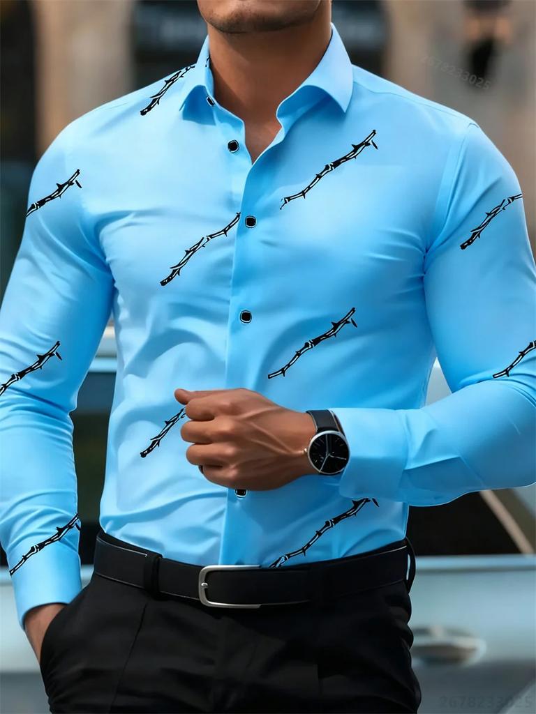 Essential! Men's Long Sleeve Shirt with Thorn Branch Print, Stylish Versatile Casual Wear