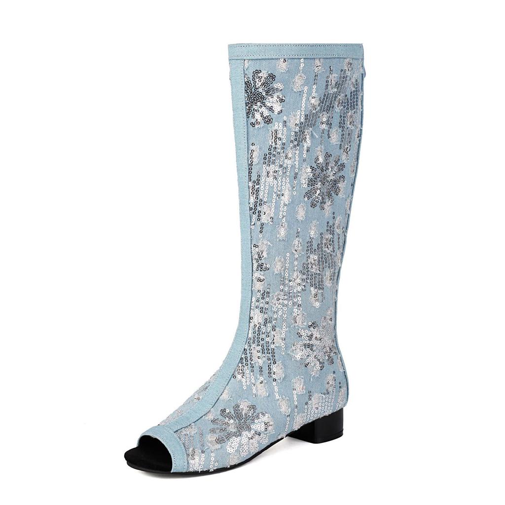 European and American Spring and Summer New  Boots Denim Sequined Thick Heel Fish Mouth High Boots Cool Boots
