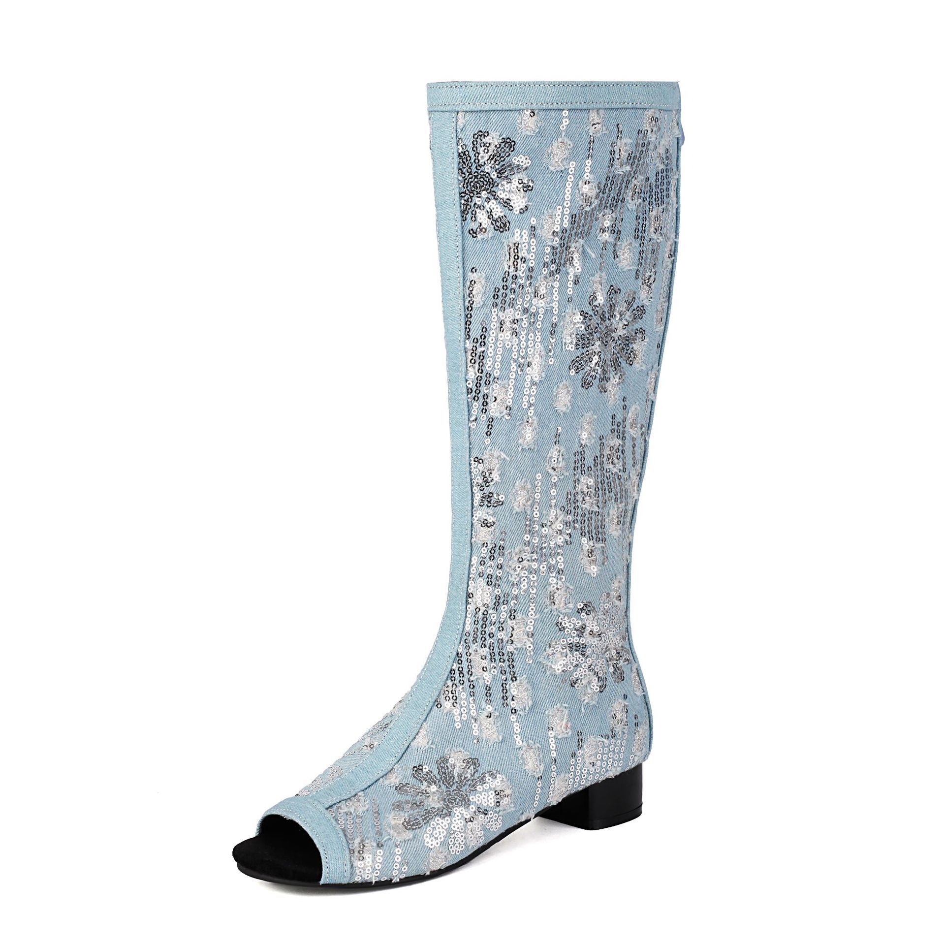 

Європейські та американські весняно-літні нові чоботи денім з паєтками товстий каблук риб ячий рот високі чоботи круті чоботи 38 світло-синій колір