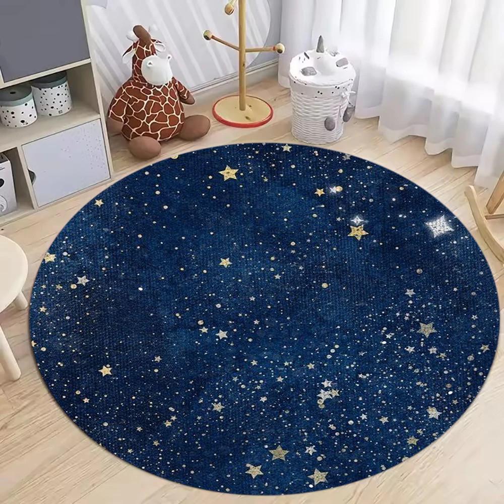 Covor Rotund cu Imprimeu Stil Desen Animat, Covor Circular Simplu cu Stele pe Cerul de Noapte Lavabil, Covor Rotund Antiderapant, Covor Absorbant Mat Pentru