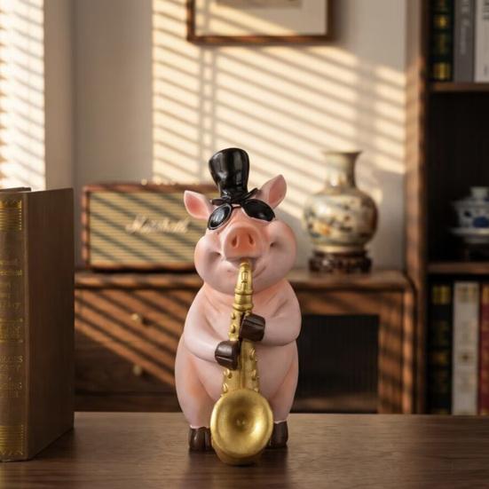 Cute Gentleman Pig Figurine Funny Resin Pig Playing Trumpet Sculpture for Living Room Bedroom Office Desk Home Decor