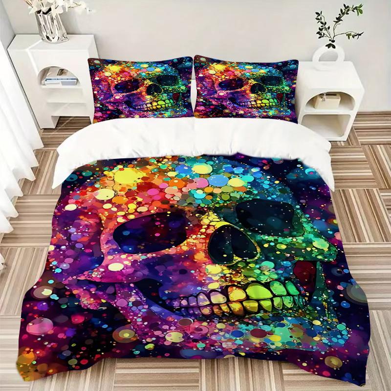3pcs Colorful Skull Design Bedding Set, Includes One Quilt Cover and Two Pillowcases (No Core), Perfect for Bedroom and Guest Room