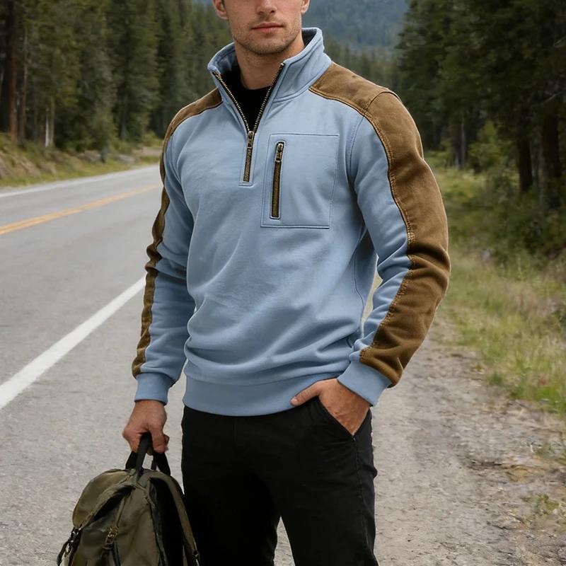 Fall Winter Outdoor Casual Sweatshirt Men Fashion Suede Long Sleeve Patchwork Hoodie Top Mens Vintage Zipper Stand Collar Pullovers