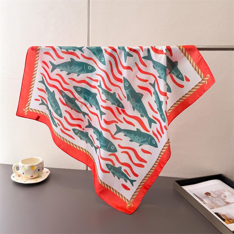 high-end feeling 70 small square cloth ocean print imitation silk scarf shawl neck scarf neck scarf scarf for women