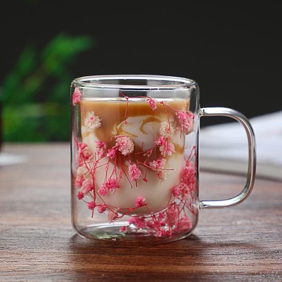 Double Wall Glass Coffee Mug with Handle Colorful Petal Design Tumbler Creative Insulated Cup for Hot