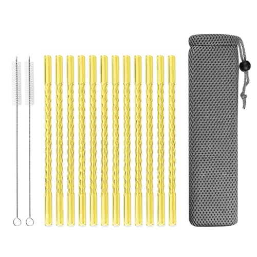 15 PCS Reusable Glass Straws, 8 Inch X 0.3" Thread Pattern Design Colored Drinking Straws, Include 12 Straight Straws, 2 Cleaning Brushes, 1 Bag