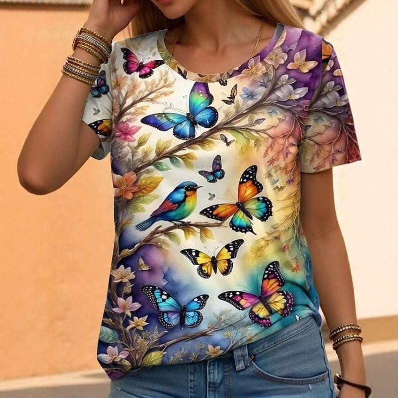 Summer Butterfly Flower 3D Print T-Shirts Fashion Women's Round Neck Short Sleeve T Shirt Tees Harajuku Y2K Tops Female Clothing