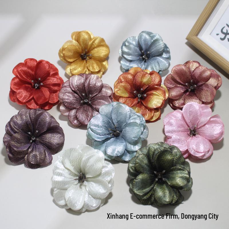 Camellia Gold Thread Artificial Flower Heads for DIY Hairpins and Home Decor Ornaments