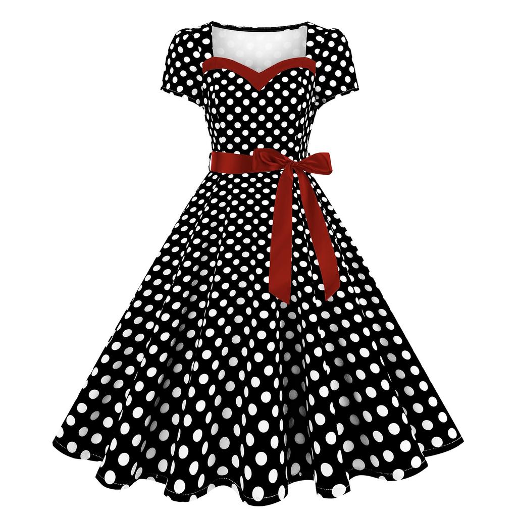 Dámské módní ležérní šaty na večer s krátkým rukávem, swingové, s puntíky, retro šaty