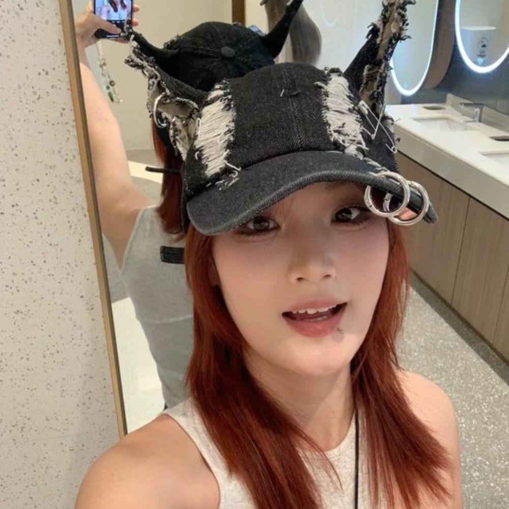 Puppy Ripped Denim Baseball Cap Y2K Bunny Ears Snapback Cap Chains Doberman Ears Hat  Street