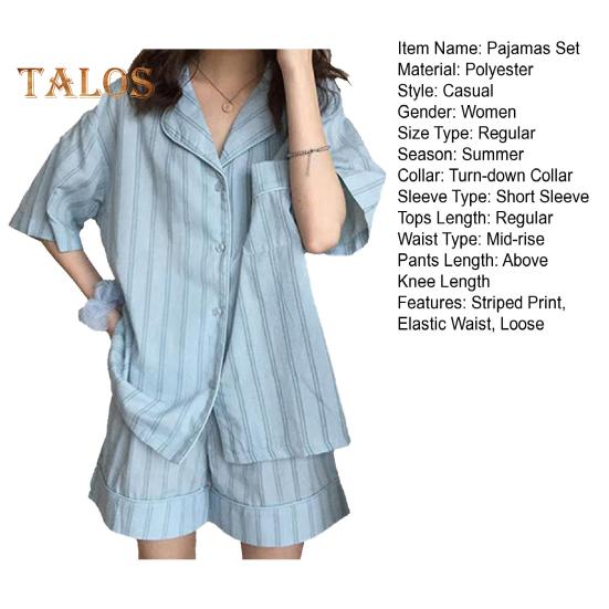 2 Pcs/Set Women Pajamas Set Lapel Contrast Color Striped Print Short Sleeve Elastic Waist Loose Wide Leg Homewear Sleepwear Blouse Shorts Set