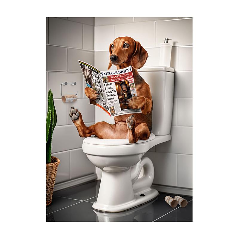 Goldendoodle Monkey Highland Cow On The Toilet Reading Newspaper Poster Animal Print Canvas Painting Funny Bathroom Wall Decor