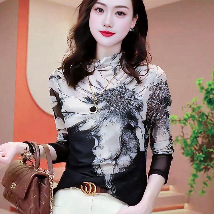 2024 Autumn/Winter Slim Fit Mesh Printed Long-Sleeve T-Shirt for Women