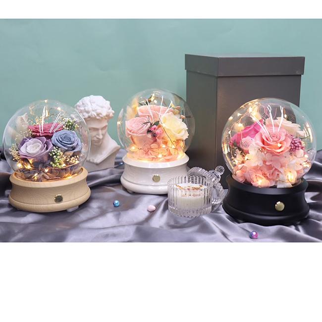 Preserved Flower Rose Diy Music Box Japan Wedding Round Music Box Led Light Music Box