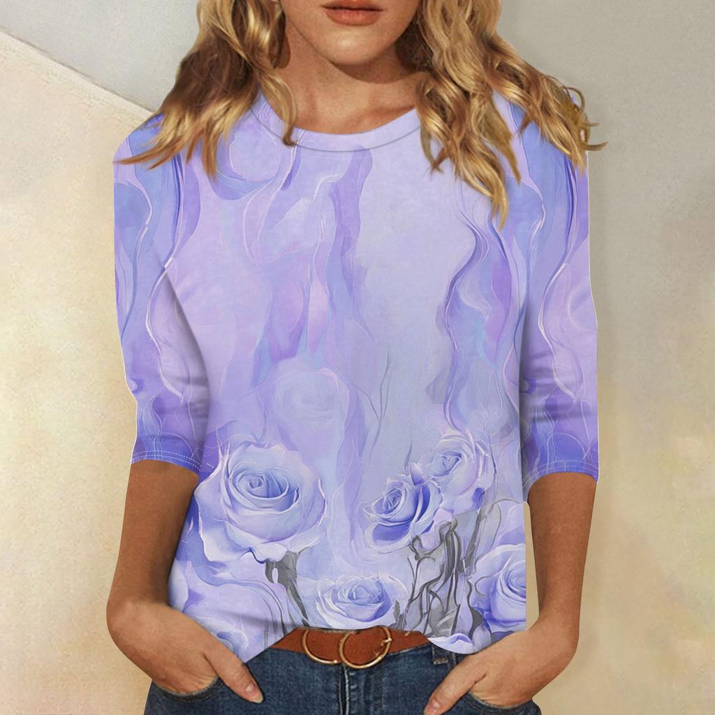 Damenmode, lässig, Rundhalsausschnitt, 3/4-Ärmel, lockeres bedrucktes T-Shirt, Damen-Top