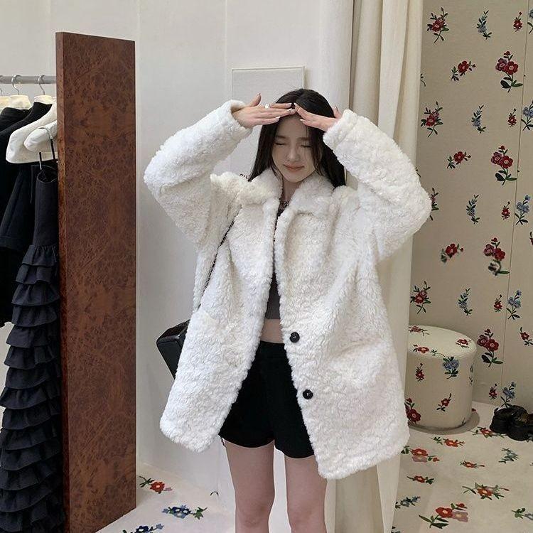 New black lamb fur coat women's thickened loose suit collar medium and long wool coat winter