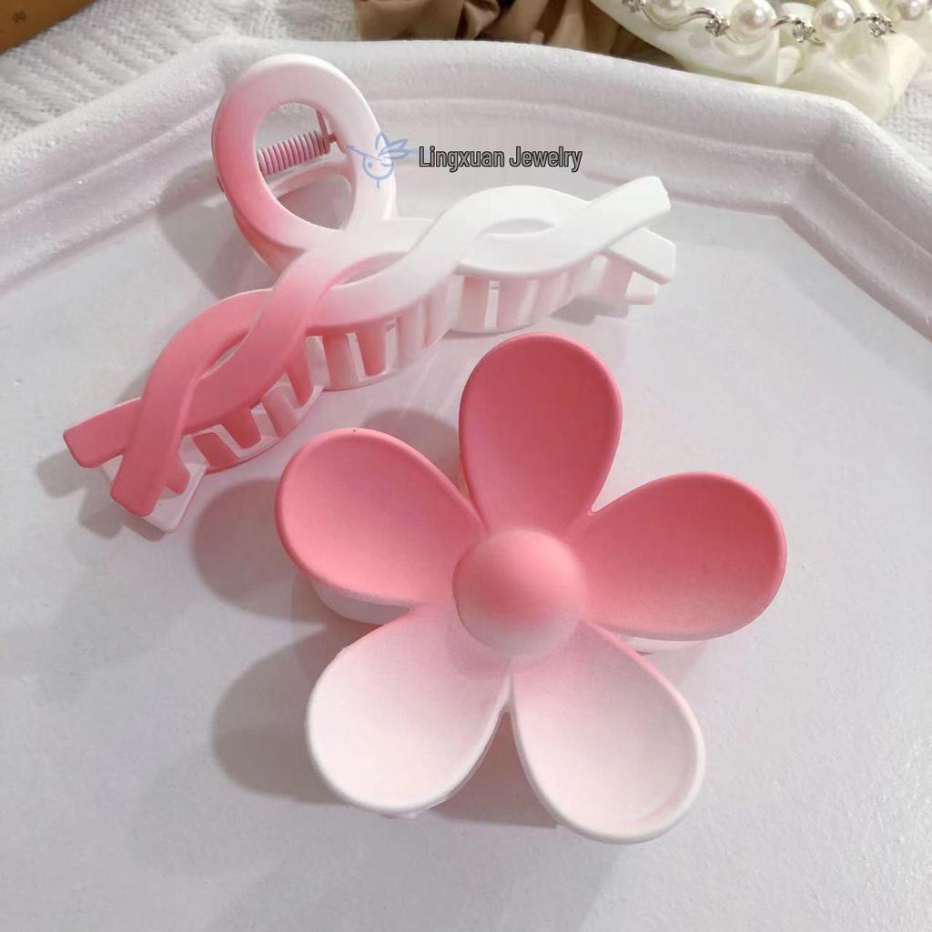 Gradient Pink Hair Clips for Women - 8-Piece Set: Large Claw & Shark Clips, Cross & Square Design