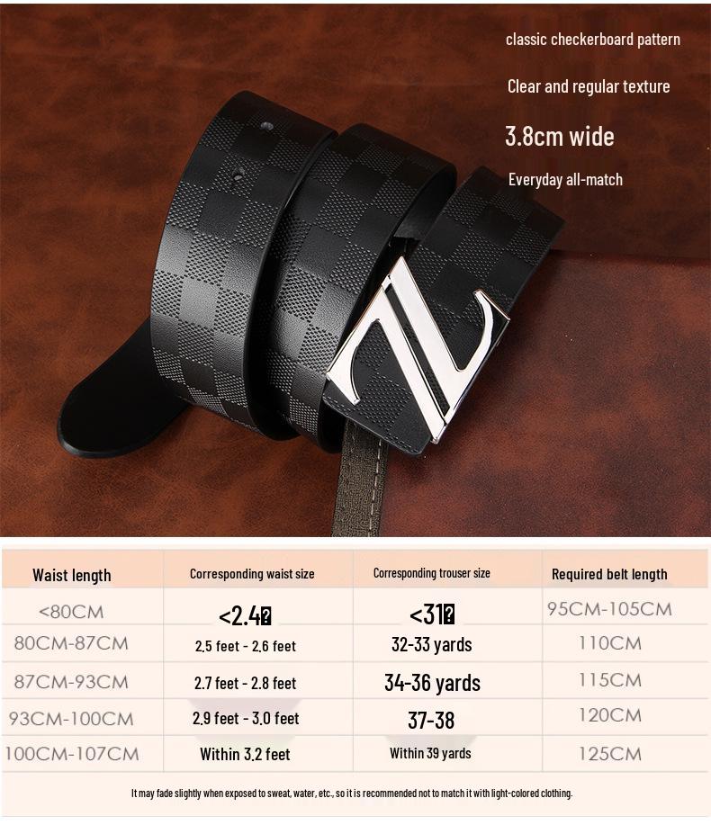 Men's Plaid Cowhide Belt with Stainless Steel Smooth Buckle
