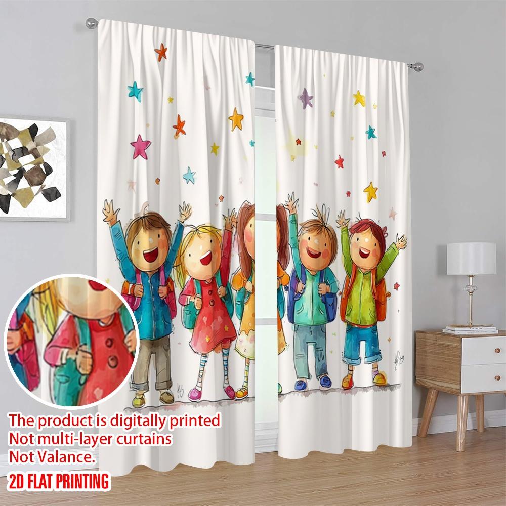 2pcs,2D Plane Printing Print Curtains Happy Youngsters Back To School Versatile Durable Polyester (without Rod) Festive Use for