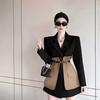 Women Khaki Black Color Block Patchwork Waist Belt Blazer Dress