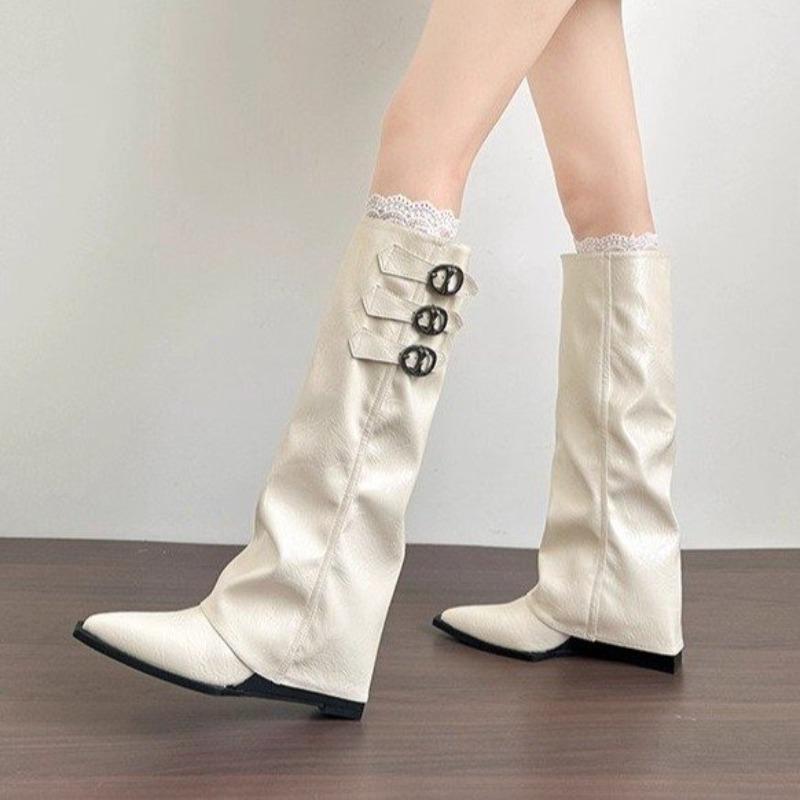 

Pointed Toe Inside Heightened Pants Boots Women Belt Buckle White No Knee Thigh Boots Wedge Heel 35 бежевый