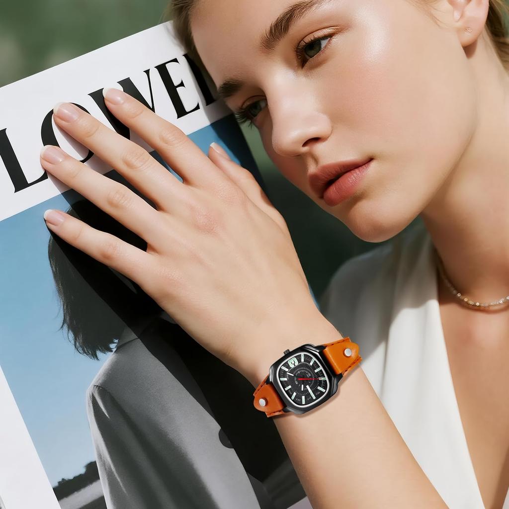 Unisex Quadratische Armbanduhr mit Leder Wasserdicht Analog Quarz Echte Punk Mode Uhr Perfektes Geschenk für und Tag Armband Uhrwerk, Leder, -