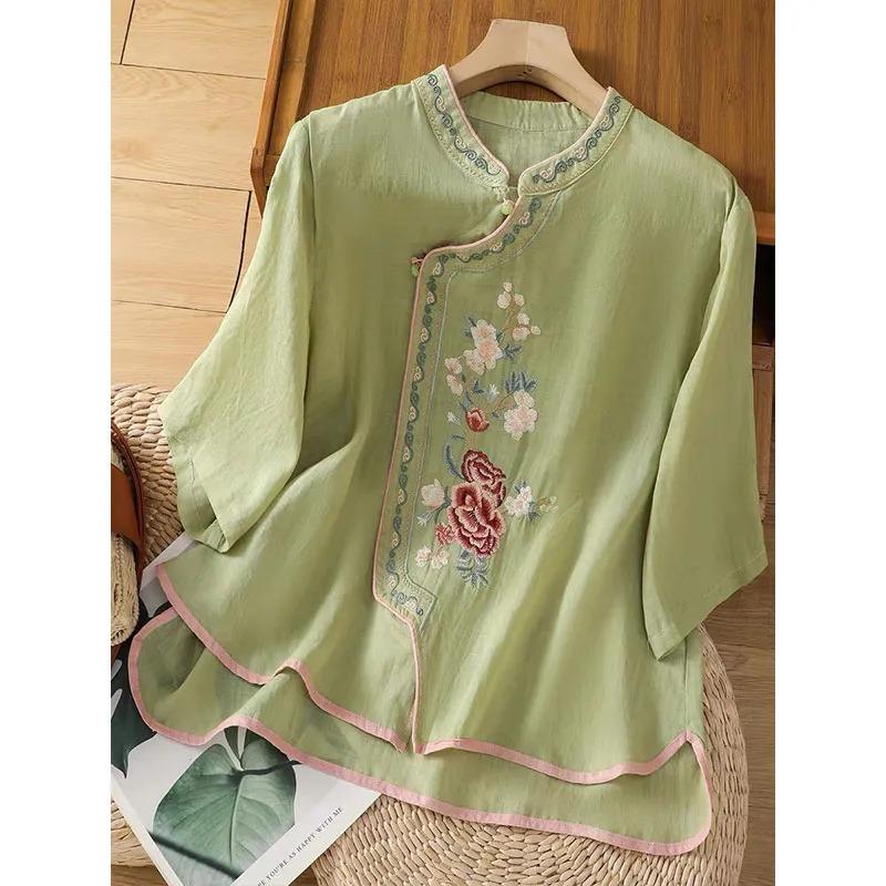 Women's Beige Cheongsam Style Blouse Embroidery Detail Half-Sleeve Casual Top