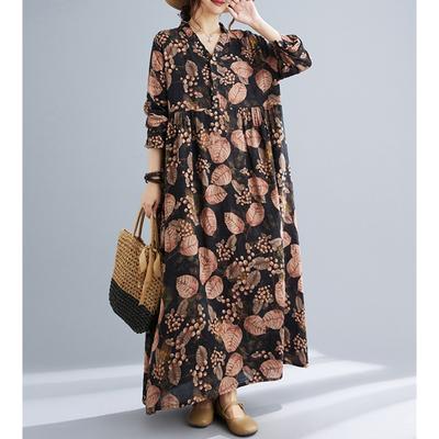 Vestidos de algodão estampados vintage para mulheres primavera outono casual solto manga comprida vestidos feminino robe vestido elegante roupas da moda