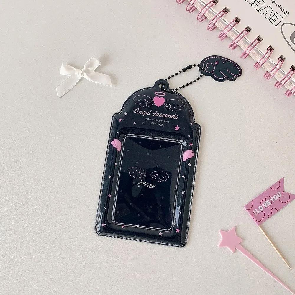 Cute PVC Photocard Holder Keychain Cartoon Angel Wings Photo Frame Hanging Decoration ID Badge Holder for Student Girls