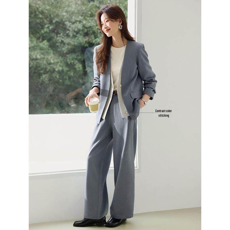 Women s Stylish V-Neck Faux Two-Piece Set XL синий