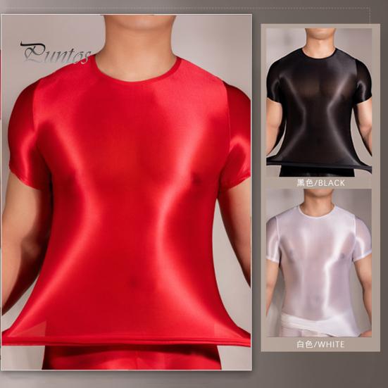 Men T-shirt Thin High Elasticity Round Neck Short Sleeves Slim Fit Good Breathability See-through Glossy Surface Top
