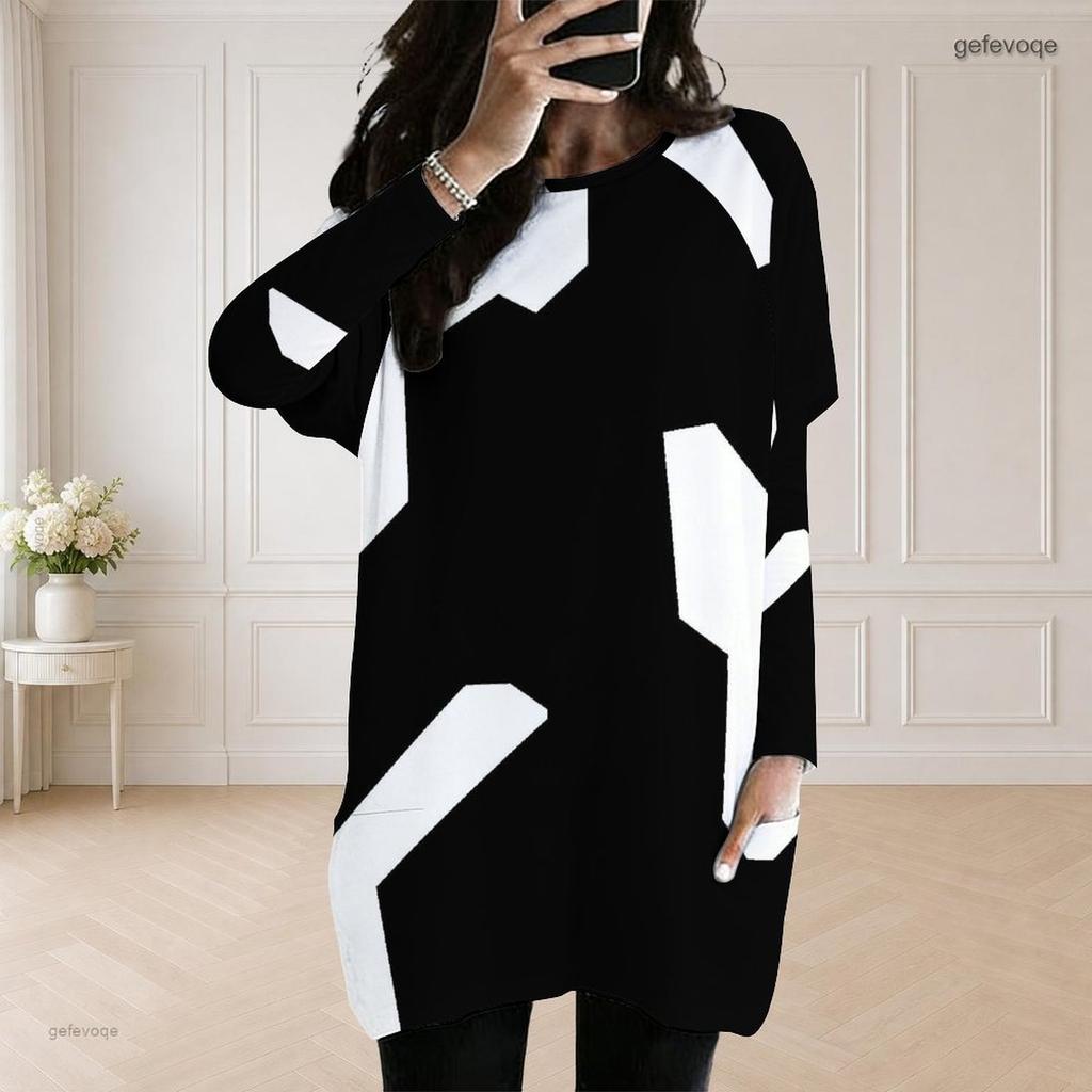 Women Plus Size Round Neck Long Sleeve Loose Black White Printed Longline Tunic With Pockets