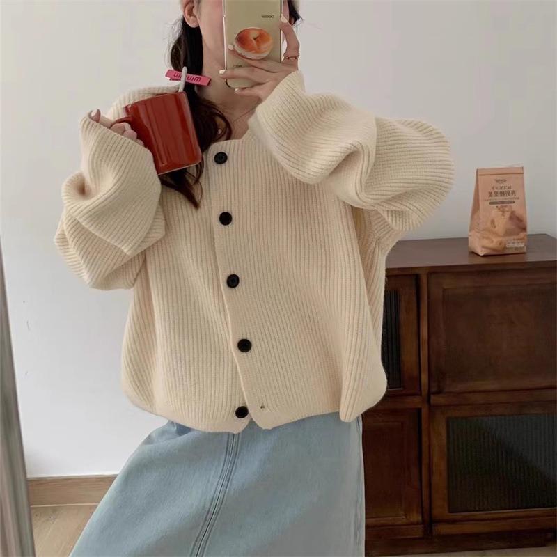 Autumn and winter new retro loose lazy wind knitted cardigan top women's solid color temperament versatile sweater jacket