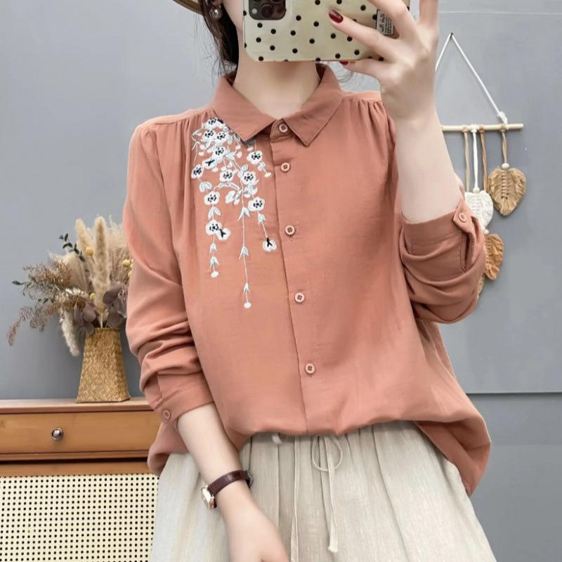 Spring 2026 Women's Embroidered Double Gauze Long Sleeve Casual Shirt with Lapel